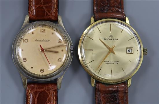 A gentlemans Jaeger Le Coultre wristwatch with red seconds hand, dated 1950 and a Bucherer gold plated